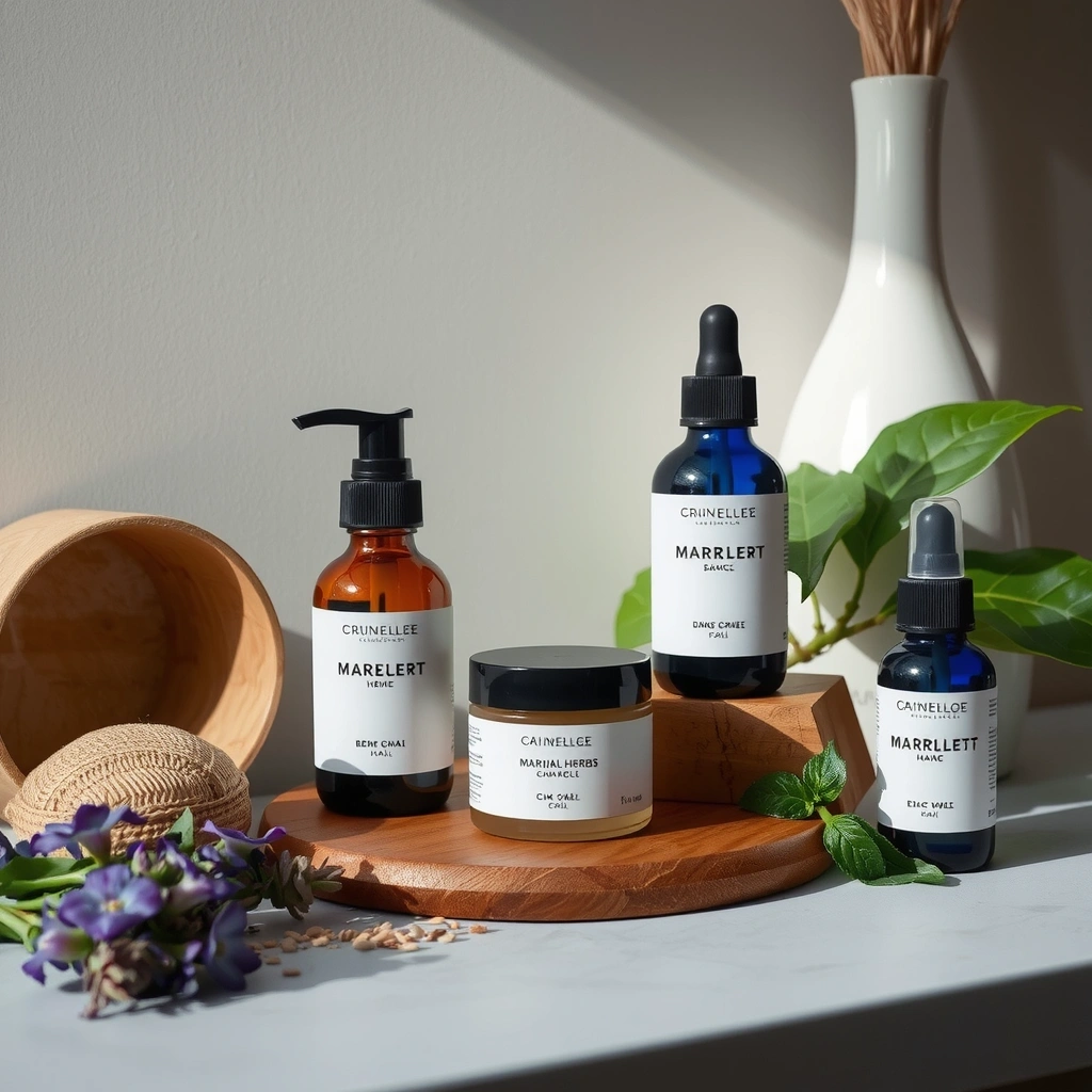 Natural wellness lifestyle background with organic herbs and wellness products